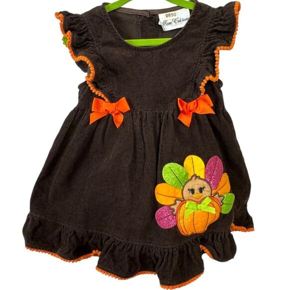 Rare Editions Girls Brown & orange Corduroy Apron Dress Cute pumpkin turkey 24M - Picture 1 of 10
